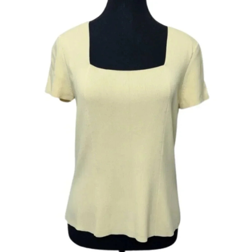 Talbots Womens Petite M Vintage Square  Neck Ribbed Knit Short Sleeve Sweater